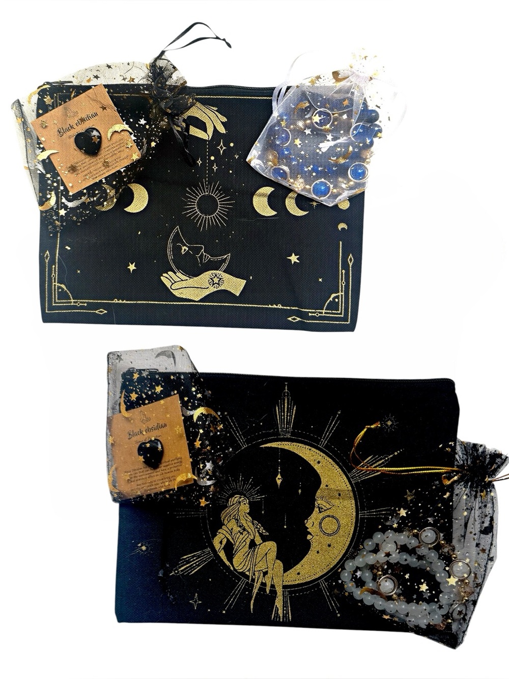 Celestial Goddess Gift Set with Pouch, Black Obsidian Heart & Bracelets